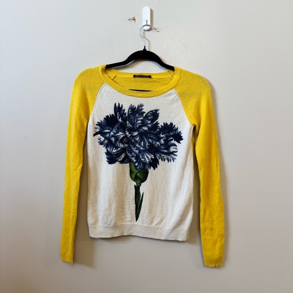 Samantha Sung 100% Cashmere Floral yellow cream crewneck pullover sqeater - Picture 2 of 7